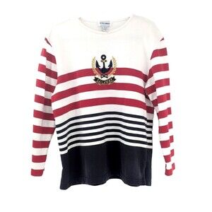 Alfred Dunner Vtg Sail Away Striped Anchor Embroidered Sweater Size Medium